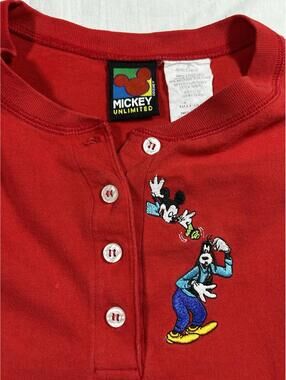 Vintage 90s Disney Mickey Unlimited Henley Shirt Red Embroidered Goofy
